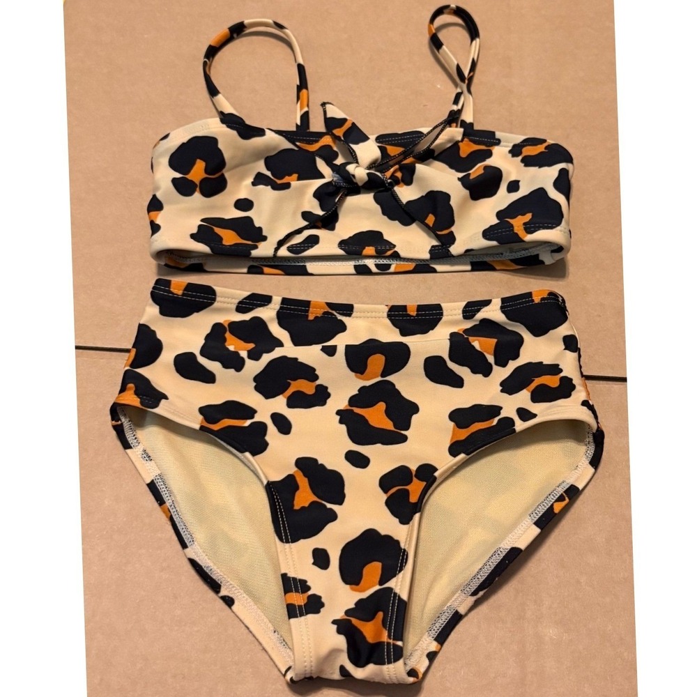 Art Class Bikini Set Girls Size 5/6 Tan Leopard Print Good High Waist Knot Front